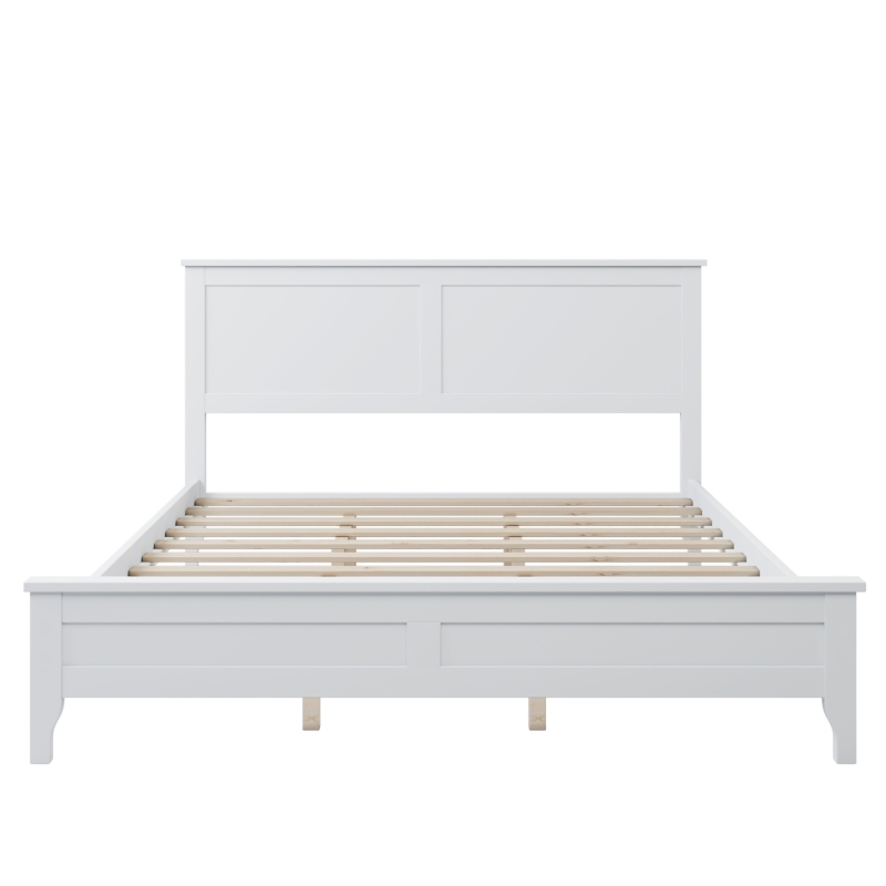 Modern Solid Wood Queen Size Bed, Pine Wood and MDF Frame, Slat Design Headboard, 600 lbs Weight Capacity, No Box Spring Needed, Adjustable Bed Compatible, White