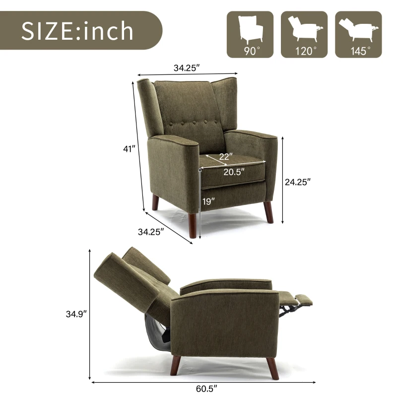 Mid Century Chenille Wingback Recliner Chair with Armrest and Solid Wood Legs, Button Tufted Pushback Recliner, 34.25" x 34.25" x 41.0", Green