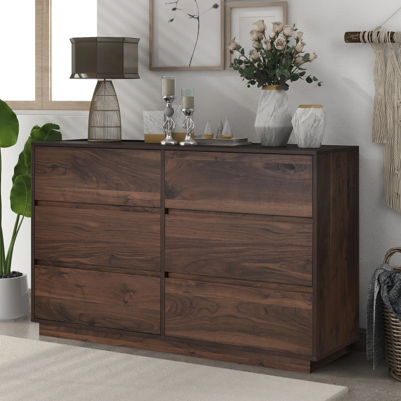 Vinsetto Mid-Century Modern 6-Drawer Dresser, Dark Walnut Finish, Smooth Metal Runners, Easy to Clean, Scratch Resistant, 47.2" x 15.7" x 31.4", Dark Brown