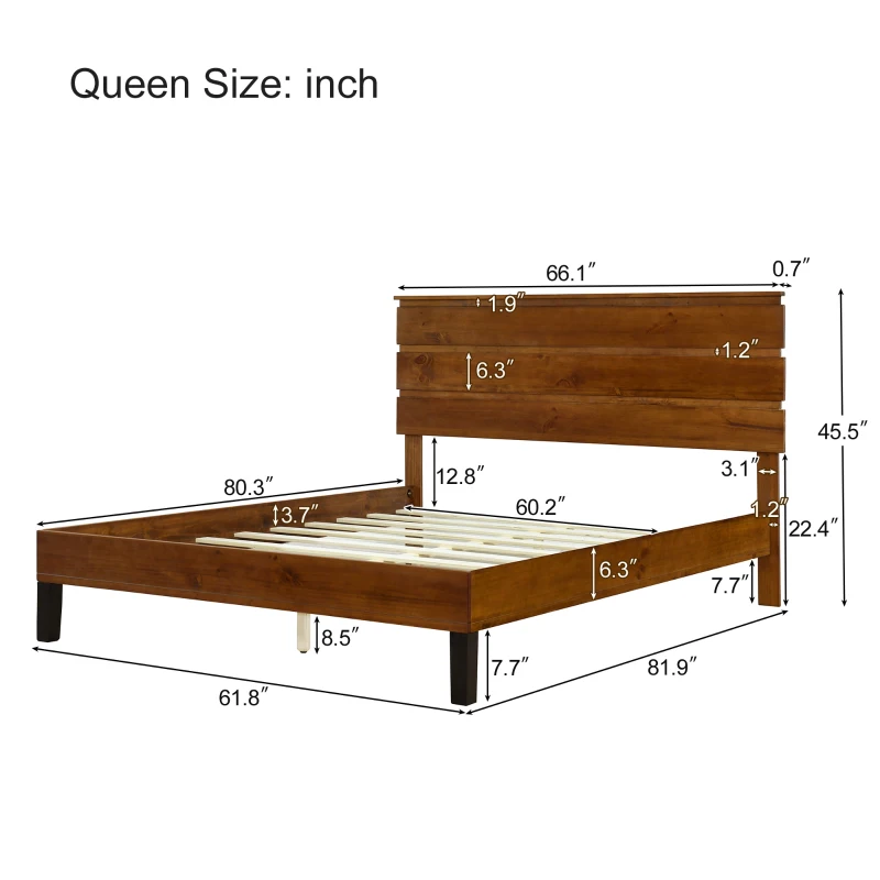 Mid-Century Modern Solid Wood Queen Bed Frame with Three-Piece Headboard, No Box Spring Needed, Easy Assembly, Brown