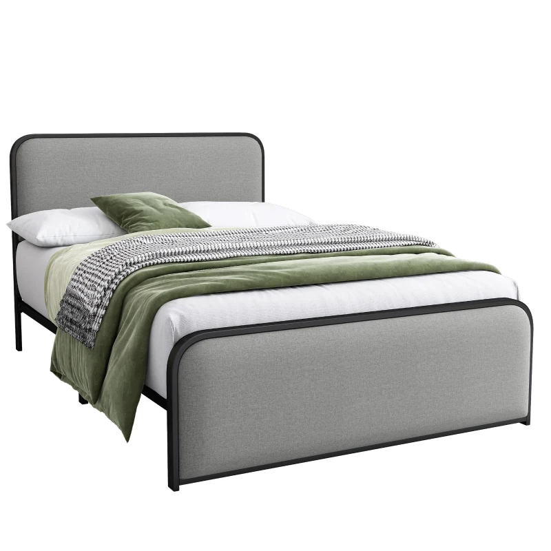 Vinsetto Modern Full Size Metal Bed Frame with Curved Upholstered Headboard and Footboard, Under Bed Storage, Heavy Duty Metal Slats, Grey