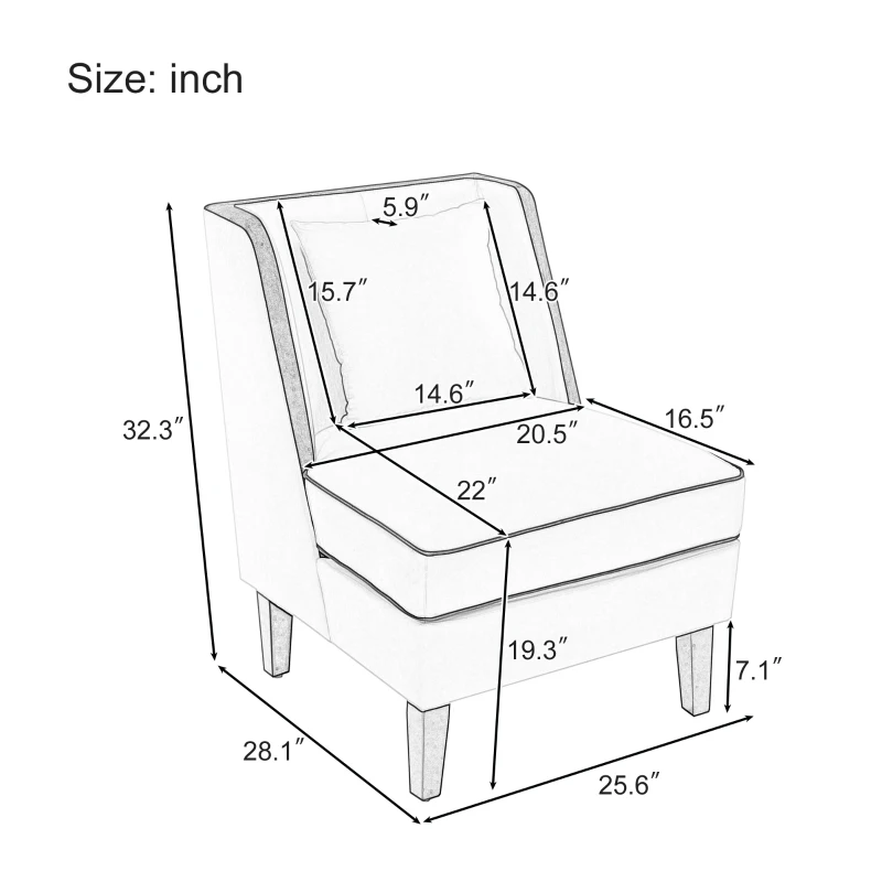 Velvet Upholstered Accent Chair with Cream Piping, Thick Padded Cushion, Solid Wood Legs, and Additional Back Pillow, Tan