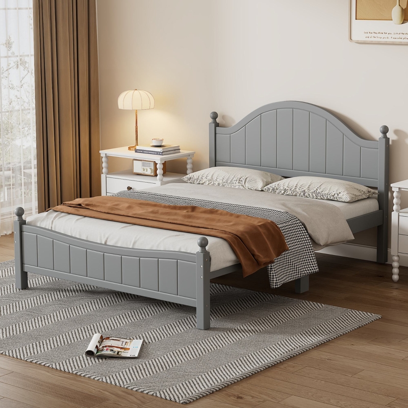 Queen Platform Bed with Headboard and Footboard Traditional Concise Style Solid Wood Bedframe No Box Spring Needed Easy Assembly Grey
