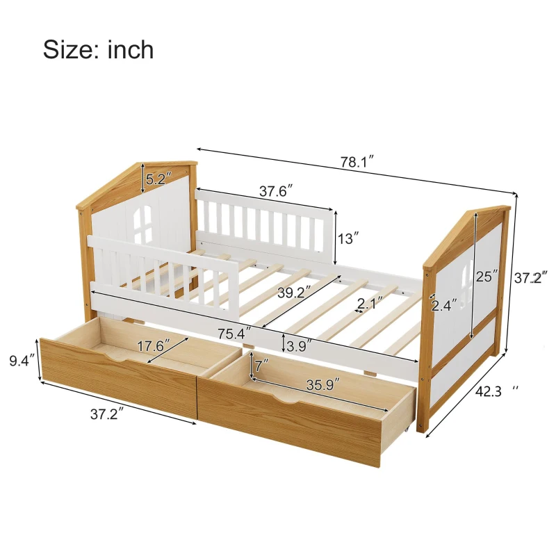 Twin Size House Shape Bed with Two Drawers, Wooden Bed Frame for Kids, No Box Spring Needed, 78.1”L x 42.3”W x 37.2”H, White+Walnut