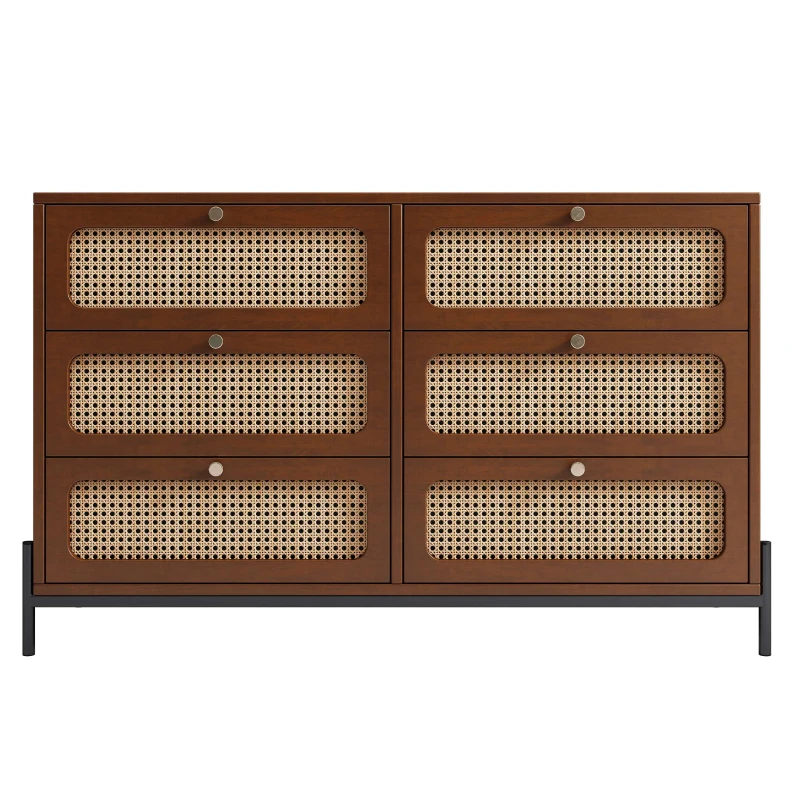 Vinsetto Modern Cannage Rattan Wood Closet 6-Drawer Dresser, Storage Cabinet Sideboard for Bedroom, Living Room, Entryway, Hallway, 47" x 15.7" x 30", Walnut