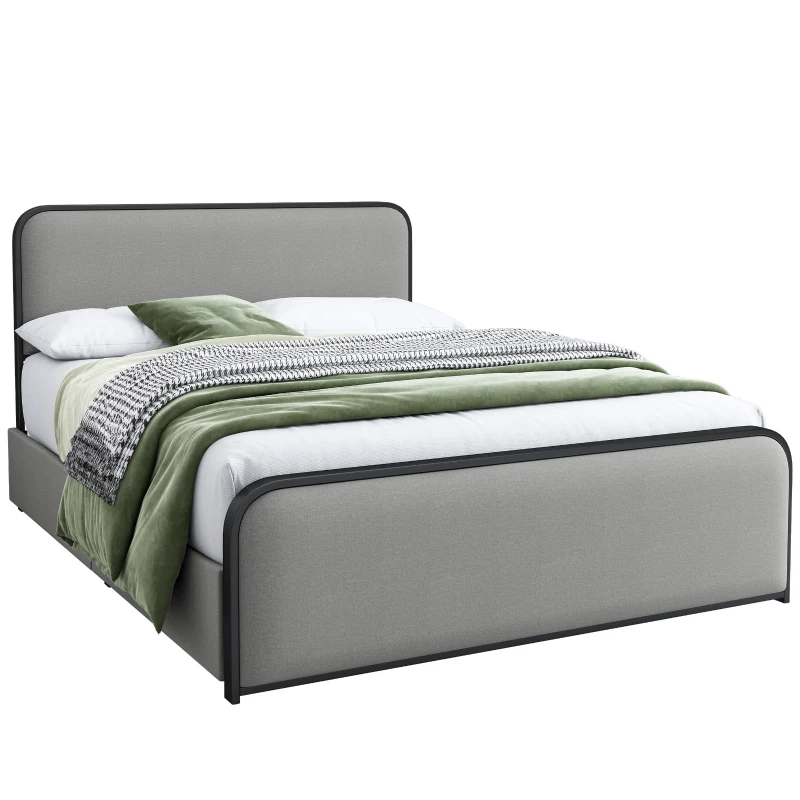 Vinsetto Modern Queen Size Metal Bed Frame with Curved Upholstered Headboard and Footboard, 4 Storage Drawers, Heavy Duty Metal Slats, Grey