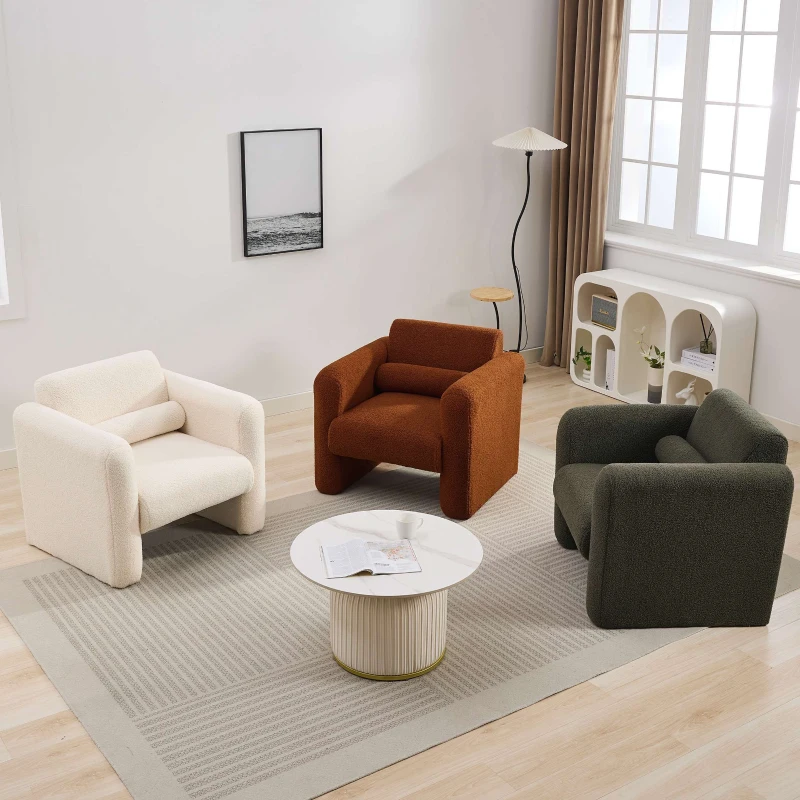 Comfy Reading Armchair with Soft Padded Cushion and Pillow for Living Room, Bedroom, Office, Modern Accent Chair, Lambskin Sherpa Fabric Upholstered, 225lbs Capacity, Cream