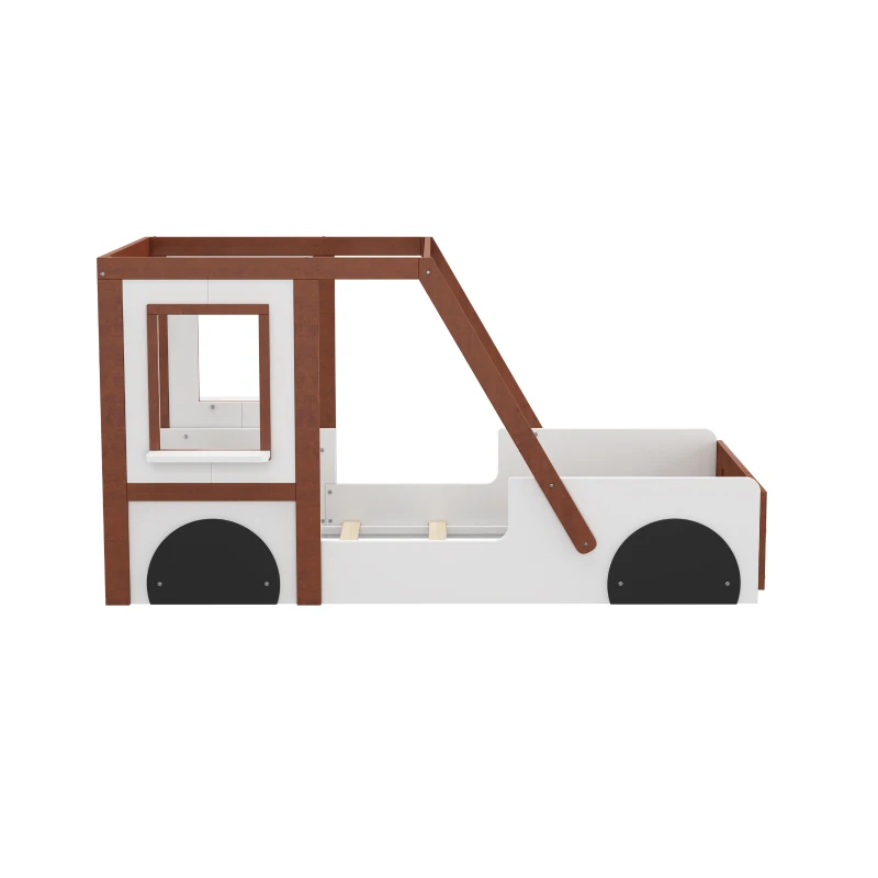 Twin Size Car Bed for Kids, Solid Wood Frame, Fun Play Design with Wheels, Doors, and Windows, 77" x 41.3" x 41.1", White+Orange