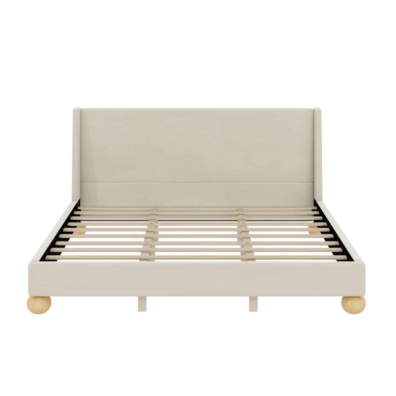 Vinsetto Modern King Size Velvet Upholstered Platform Bed with Wingback Headboard and Round Wooden Legs, No Box Spring Needed, 85”L X 82.7”W X 42.9”H, Cream