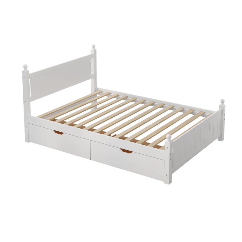 Vinsetto Full Size Solid Wood Platform Bed Frame with 2 Drawers, No Box Spring Needed, Pine Wood and MDF, 79.9" L x 56.2" W x 39" H, White