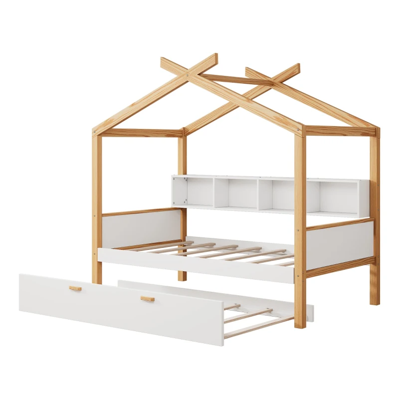 Twin Size Wooden House Bed with Trundle and Bookshelf Storage, Pinewood Frame, 80" x 40.5" x 67", White+Natural