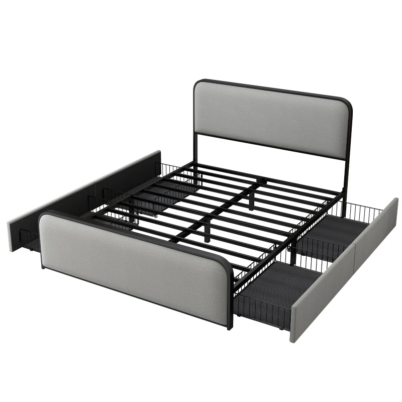 Vinsetto Modern Queen Size Metal Bed Frame with Curved Upholstered Headboard and Footboard, 4 Storage Drawers, Heavy Duty Metal Slats, Grey