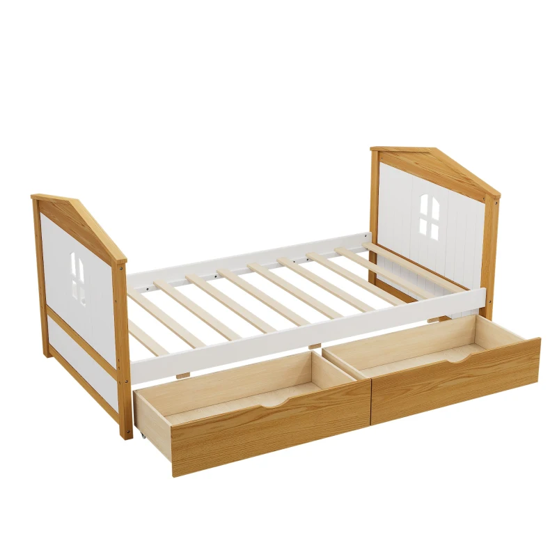 Twin Size House Shape Bed with Two Drawers, Wooden Bed Frame for Kids, No Box Spring Needed, 78.1”L x 42.3”W x 37.2”H, White+Walnut