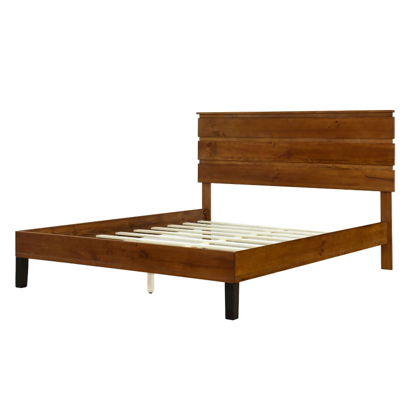 Vinsetto Mid-Century Modern Full Size Solid Wood Platform Bed with Three-Piece Headboard, No Box Spring Needed, 79.92" x 55.12", Brown
