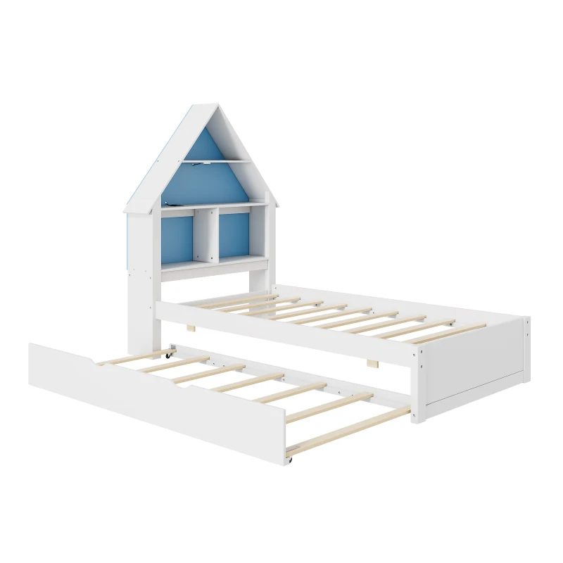 Twin Size House-Shaped Bed with Bookcase Headboard, LED Light, and Trundle for Kids, Solid Pine and MDF Construction, 79.92" x 18.31" x 5.91", White+Blue