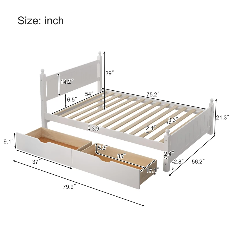 Vinsetto Full Size Solid Wood Platform Bed Frame with 2 Drawers, No Box Spring Needed, Pine Wood and MDF, 79.9" L x 56.2" W x 39" H, White