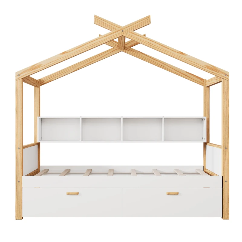 Twin Size Wooden House Bed with Two Drawers and Bookshelf Storage, Pinewood Frame, 80" x 40.5" x 67", White+Natural
