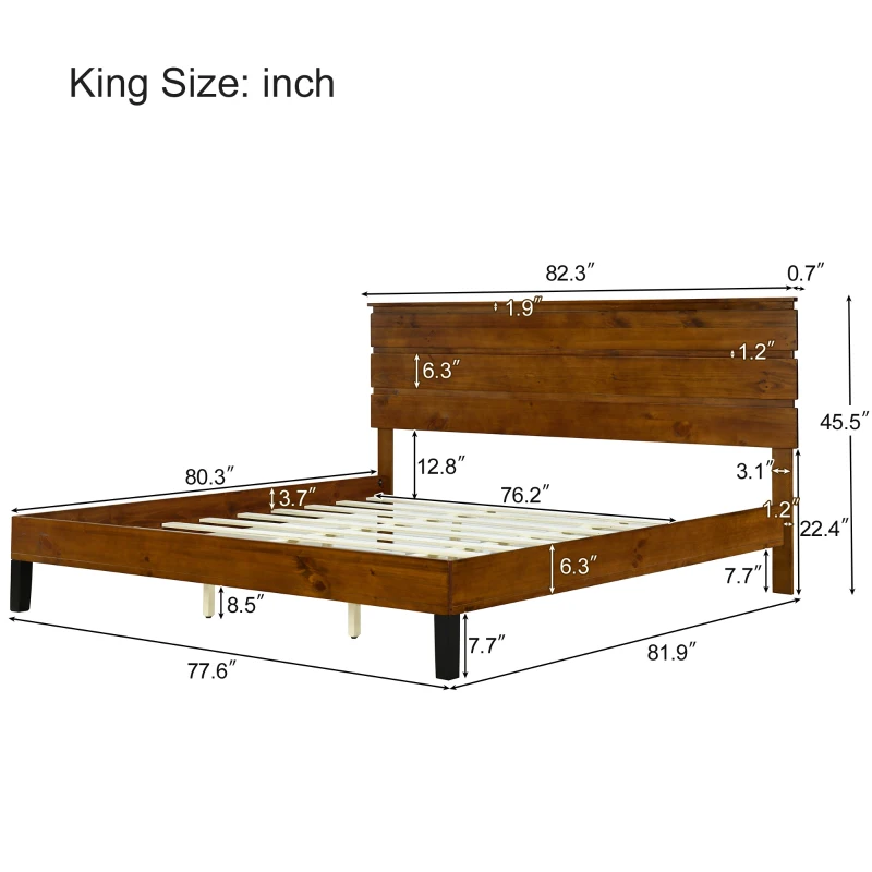 Mid-Century Modern Solid Wood King Bed Frame with Three-Piece Headboard, No Box Spring Needed, Easy Assembly, Brown