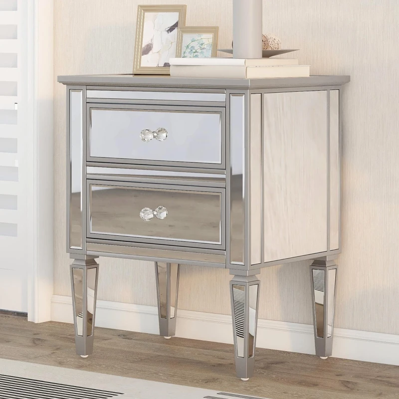 Elegant Mirrored Side Table with 2 Drawers, Modern Silver Finish, Crystal Handles, and Arrow-Shape Legs, 24" x 18.1" x 28.3", Silver