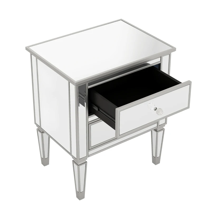 Elegant Mirrored Side Table with 2 Drawers, Modern Silver Finish, Crystal Handles, and Arrow-Shape Legs, 24" x 18.1" x 28.3", Silver