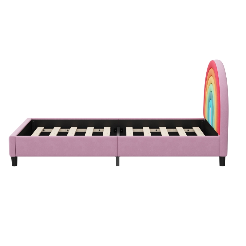 Rainbow Design Upholstered Twin Platform Bed, Cute Style Princess Bed for Boys & Girls, Sturdy Construction, No Box Spring Needed, Kids-Friendly, 80.3”L x 41.33”W x 38”H, Colorful+Pink