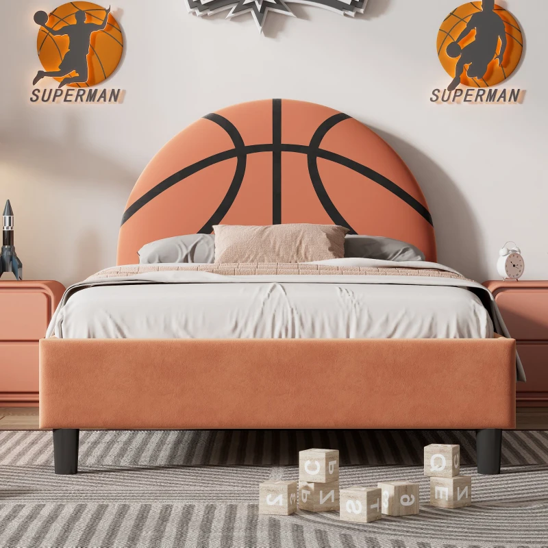 Basketball Design Upholstered Twin Platform Bed, Sport Style Bed for Boys & Girls, Teens, No Box Spring Needed, 80.3”L x 41.33”W x 38”H, Orange
