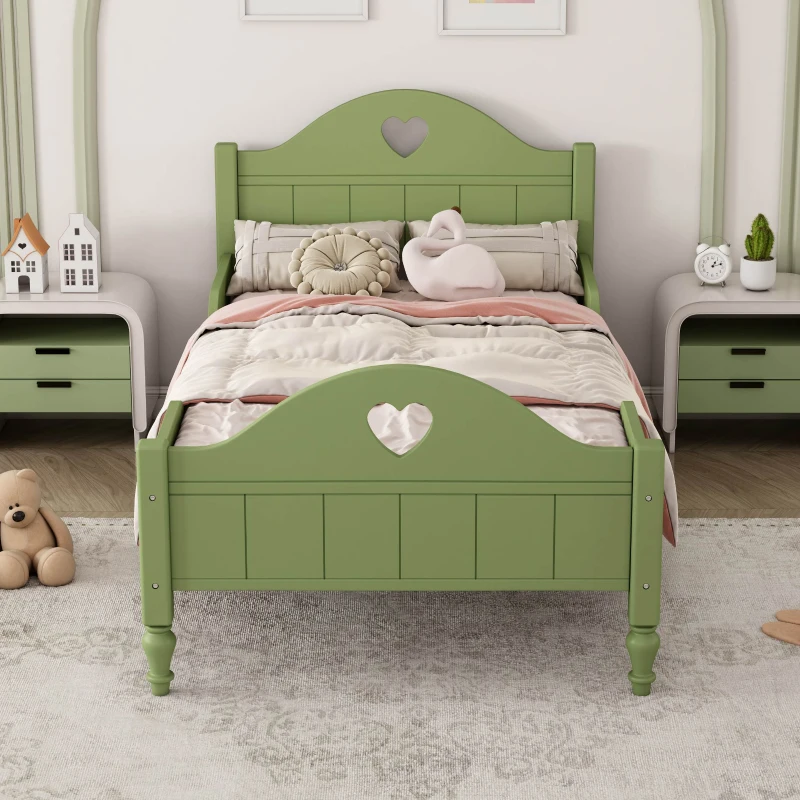 Girl's Princess Twin Toddler Bed with Side Safety Rails, Headboard and Footboard, Solid Wood Frame, 79.9" x 41.3" x 38", Olive Green