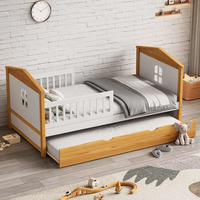 Twin Size House Shape Bed with Trundle, Wooden Bed Frame for Kids, No Box Spring Needed, Pine Wood and MDF, 78.1”L X 42.3”W X 37.2”H, White+Walnut