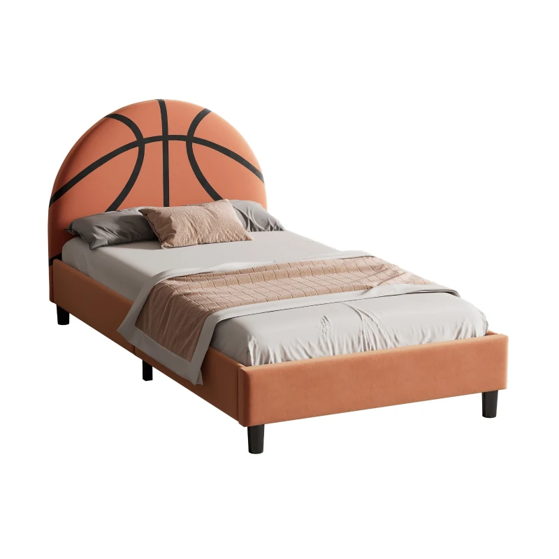Basketball Design Upholstered Twin Platform Bed, Sport Style Bed for Boys & Girls, Teens, No Box Spring Needed, 80.3”L x 41.33”W x 38”H, Orange