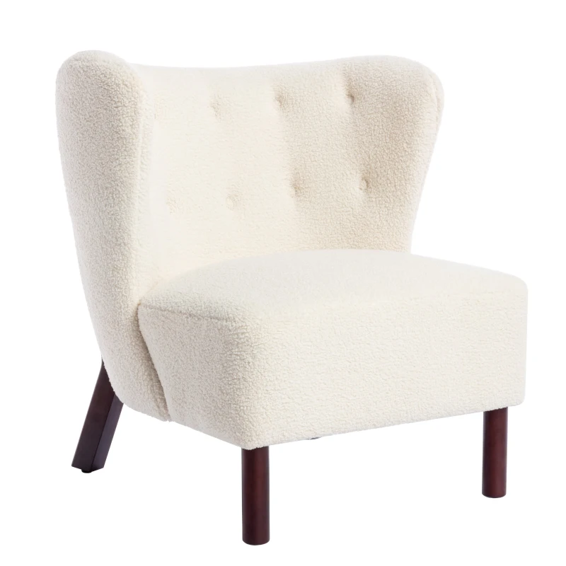 Accent Upholstered Armless Chair with Wooden Legs, Lambskin Sherpa Fabric, High-Density Foam, 330 lbs Capacity, 29.5"x20.5"x26", Cream