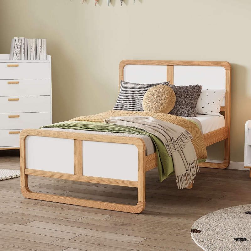 Roomfitters Modern Style Twin Size Solid Wood Platform Bed Minimalist Bed for Kids Teens and Adults No Box Spring Needed White Walnut