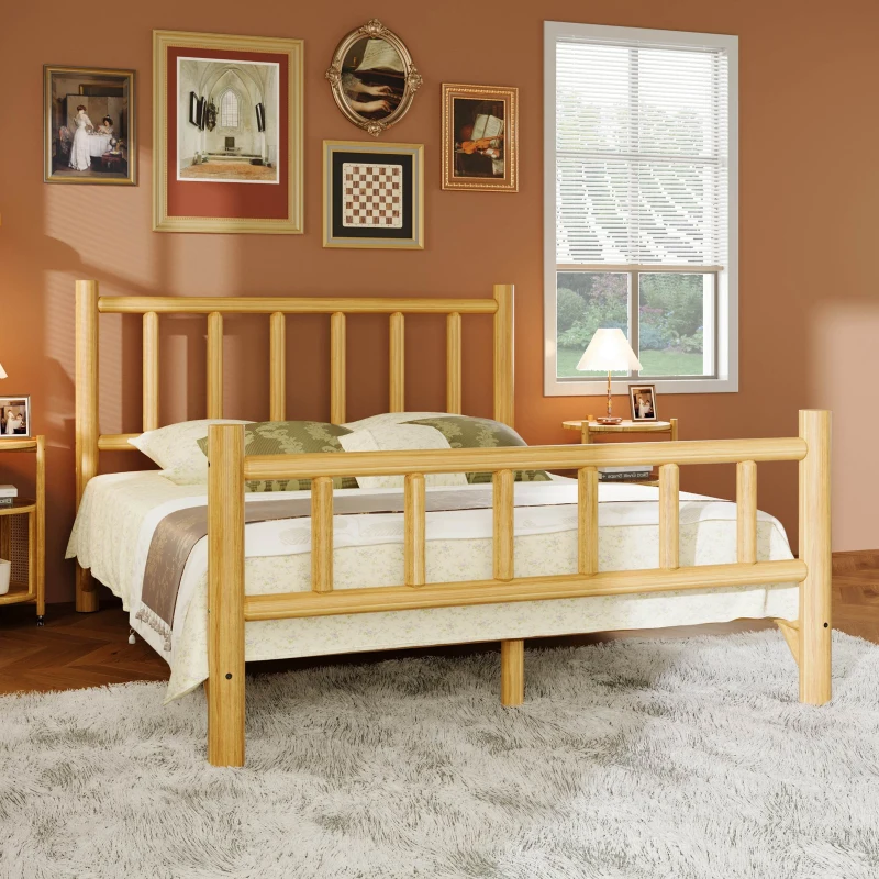 Vinsetto Farmhouse Queen Size Log Bed Frame, Rustic Solid Pine Cylinder Construction, Fits Mattresses and Box Springs, Natural Finish, 85.8" x 65.9" x 48.0", Natural