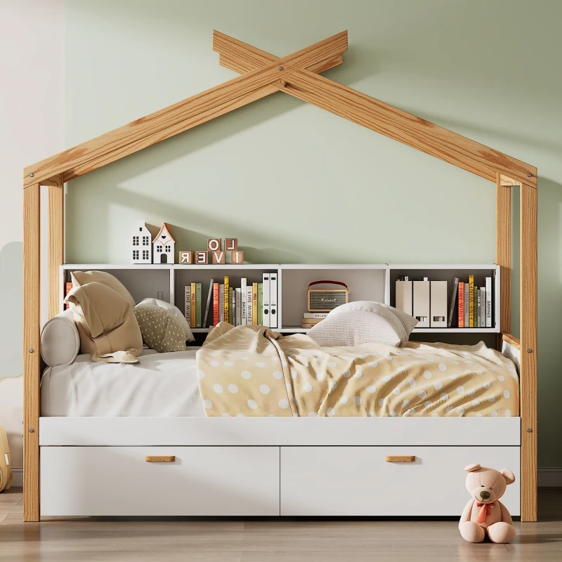 Twin Size Wooden House Bed with Two Drawers and Bookshelf Storage, Pinewood Frame, 80" x 40.5" x 67", White+Natural