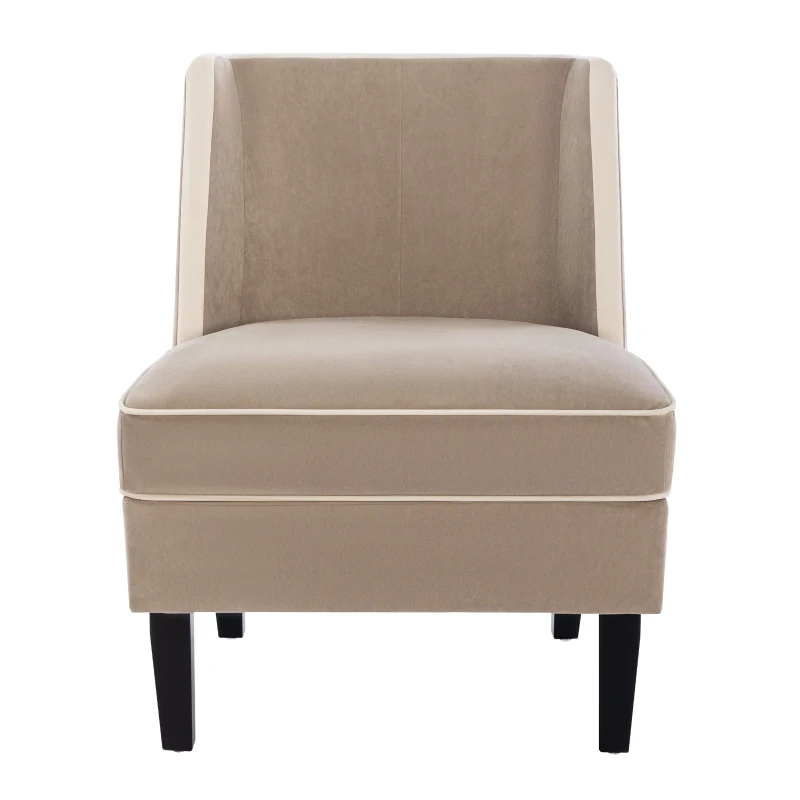 Velvet Upholstered Accent Chair with Cream Piping, Thick Padded Cushion, Solid Wood Legs, and Additional Back Pillow, Tan