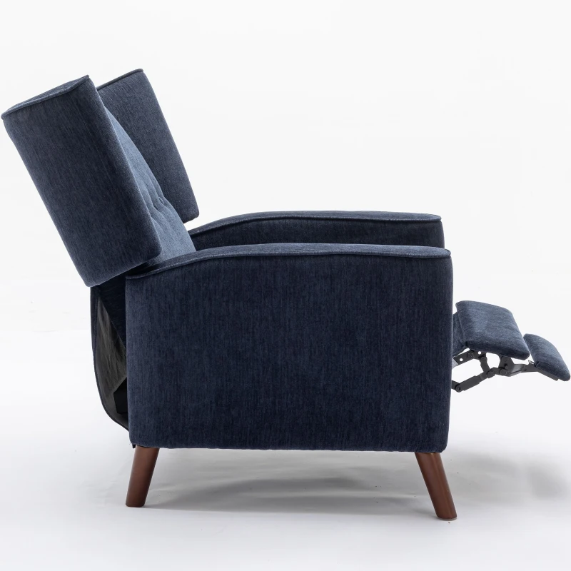 Mid Century Chenille Wingback Recliner Chair with Armrest and Solid Wood Legs, Button Tufted Pushback Recliner, 34.25" x 34.25" x 41.0", Navy Blue