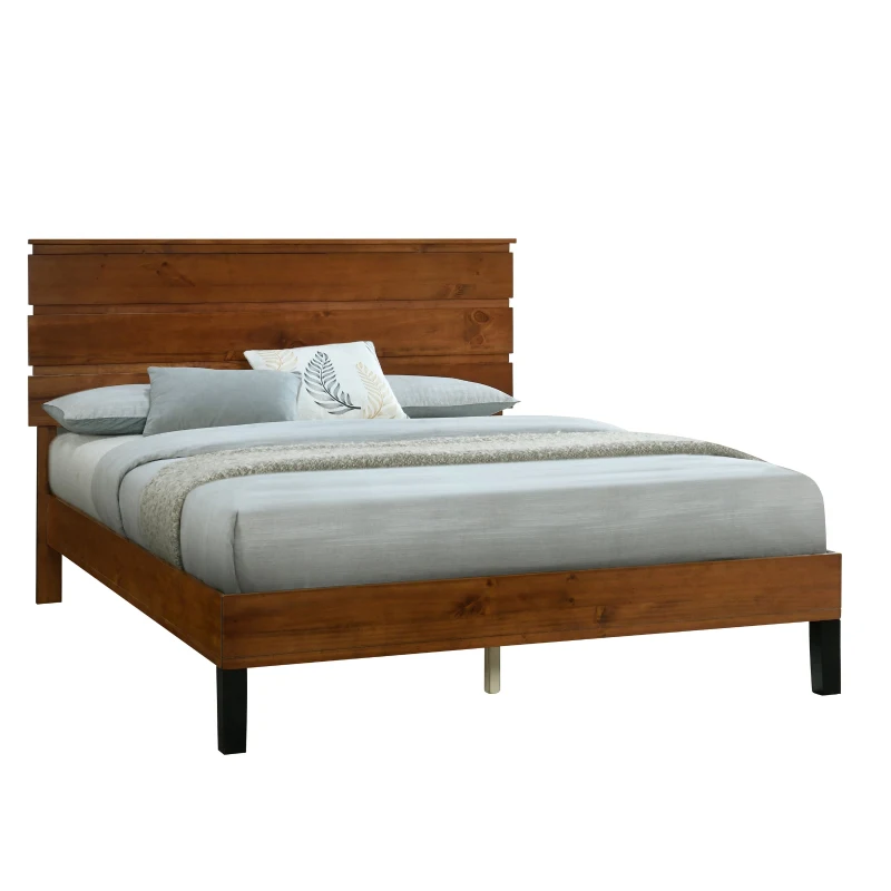 Mid-Century Modern Solid Wood Queen Bed Frame with Three-Piece Headboard, No Box Spring Needed, Easy Assembly, Brown