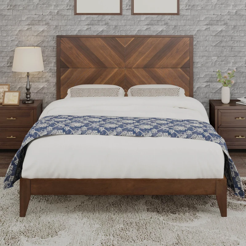 Vinsetto Mid-Century Modern Queen Size Platform Bed with Solid Pine Wood Frame, Wood Slat Support, No Box Spring Needed, 500 lbs Weight Capacity, Easy Assembly, Walnut