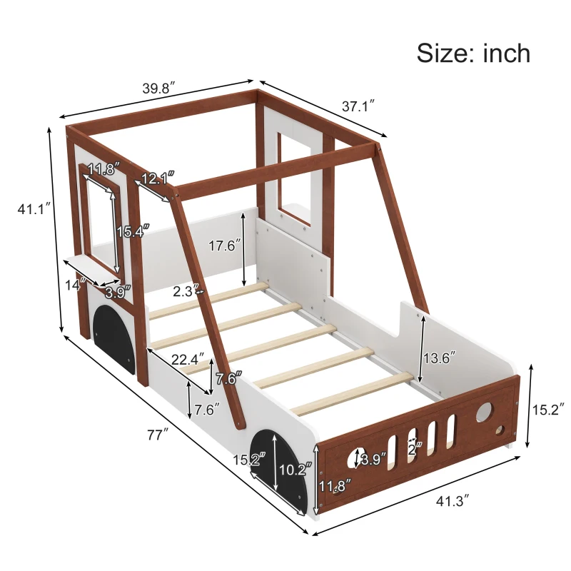 Twin Size Car Bed for Kids, Solid Wood Frame, Fun Play Design with Wheels, Doors, and Windows, 77" x 41.3" x 41.1", White+Orange
