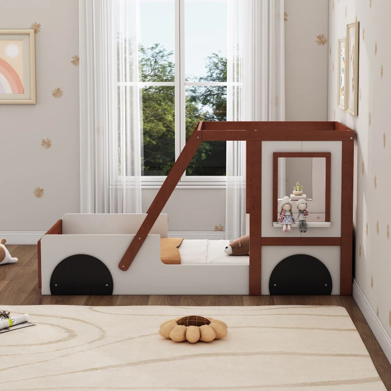 Twin Size Car Bed for Kids, Solid Wood Frame, Fun Play Design with Wheels, Doors, and Windows, 77" x 41.3" x 41.1", White+Orange
