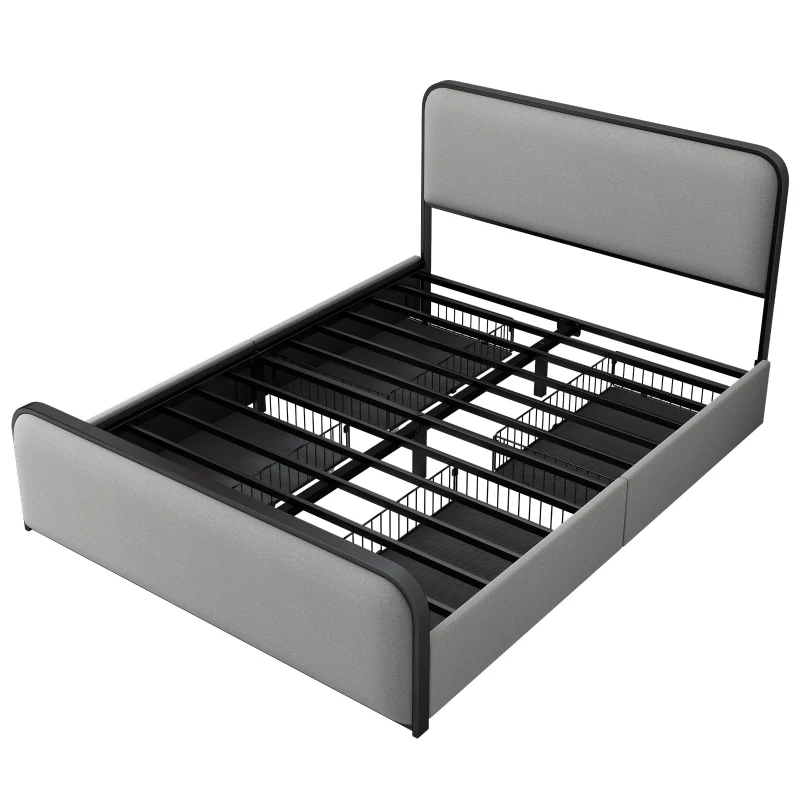 Vinsetto Modern Queen Size Metal Bed Frame with Curved Upholstered Headboard and Footboard, 4 Storage Drawers, Heavy Duty Metal Slats, Grey