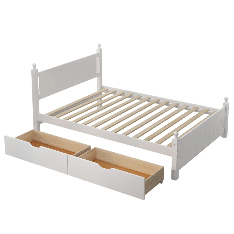 Vinsetto Full Size Solid Wood Platform Bed Frame with 2 Drawers, No Box Spring Needed, Pine Wood and MDF, 79.9" L x 56.2" W x 39" H, White