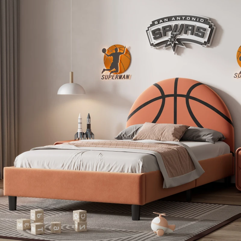 Basketball Design Upholstered Twin Platform Bed, Sport Style Bed for Boys & Girls, Teens, No Box Spring Needed, 80.3”L x 41.33”W x 38”H, Orange