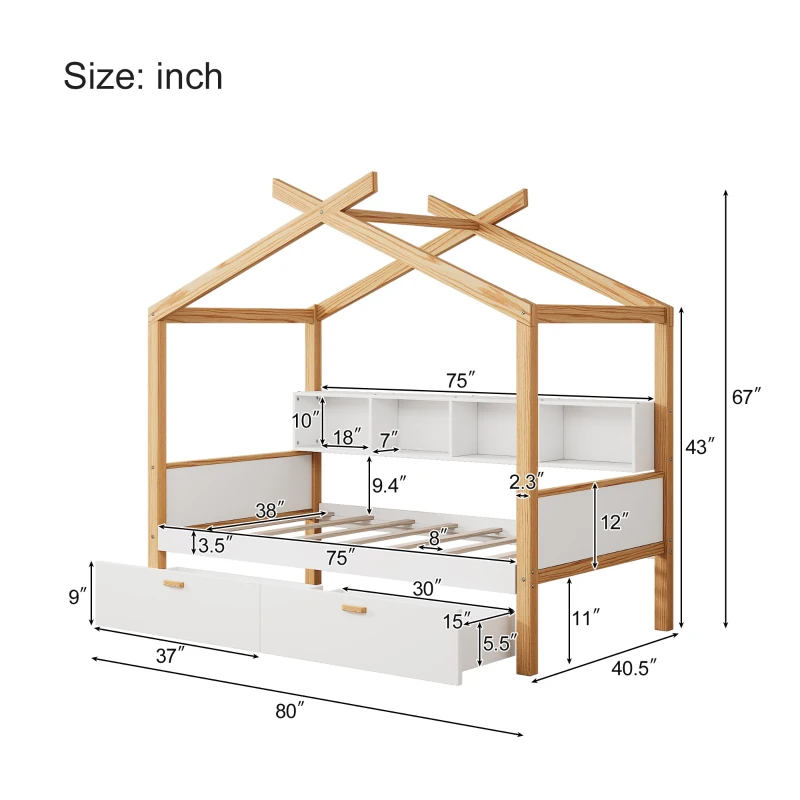 Twin Size Wooden House Bed with Two Drawers and Bookshelf Storage, Pinewood Frame, 80" x 40.5" x 67", White+Natural