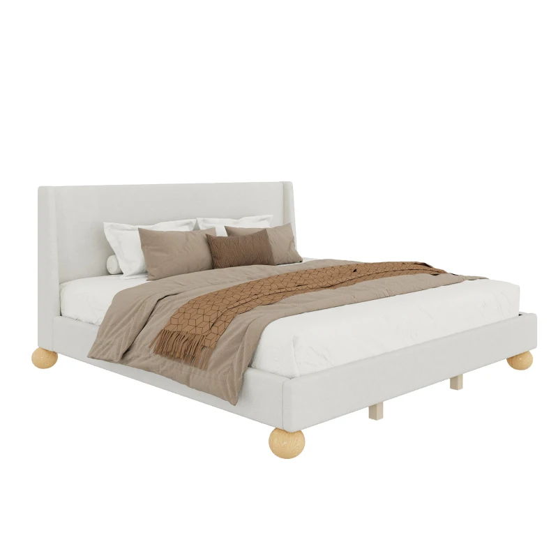 Vinsetto Modern King Size Boucle Upholstered Platform Bed with Wingback Headboard, Round Wooden Legs, No Box Spring Needed, 85”L X 80”W X 42.9”H, Beige