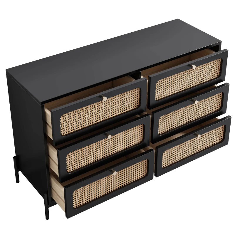 Modern Cannage Rattan Wood Closet 6-Drawer Dresser, Storage Cabinet Sideboard for Bedroom, Living Room, Entryway, Hallway, 47" x 15.7" x 30", Black