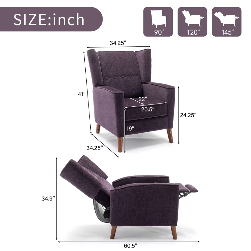 Mid Century Chenille Wingback Recliner Chair with Armrest and Solid Wood Legs, Button Tufted Pushback Recliner, 34.25" x 34.25" x 41.0", Purple
