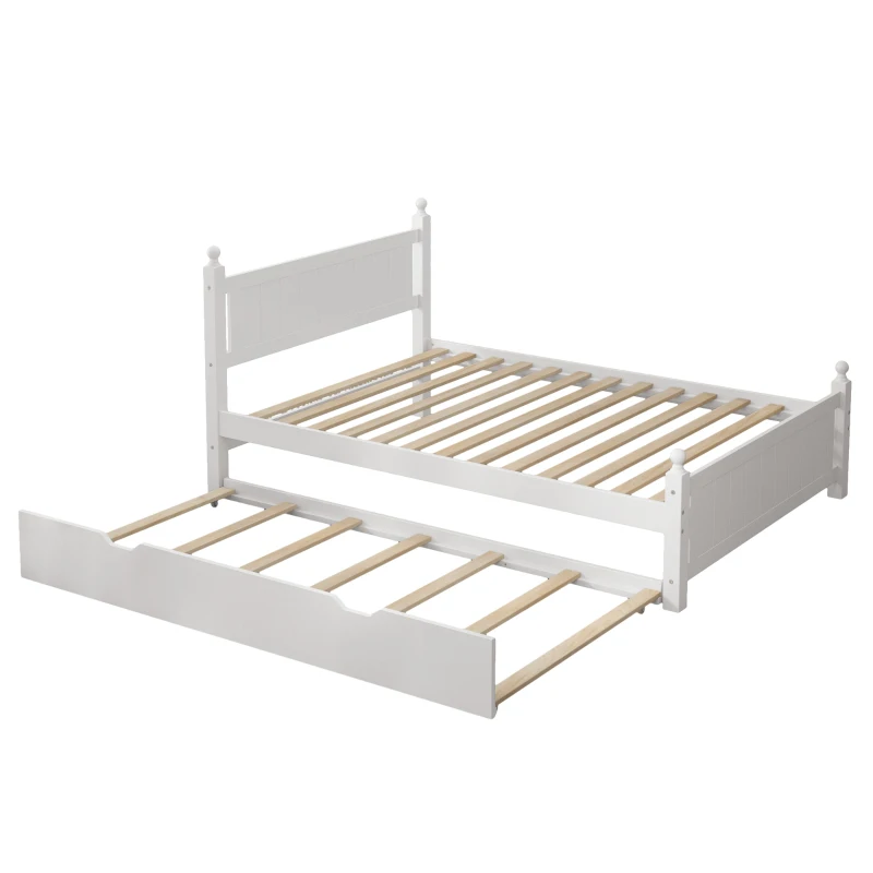 Vinsetto Full Size Solid Wood Platform Bed Frame with Trundle, No Box Spring Needed, Pine Wood and MDF, 79.9"L x 56.2"W x 39"H, White