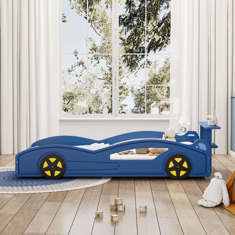 Car-Shaped Platform Twin Bed with Wheels and Storage Space, Safety Rails, Wooden Race Car Bed, 77.6" x 41.3" x 20.6", Blue