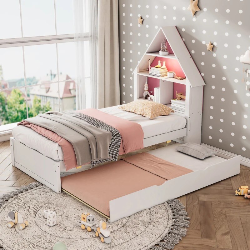 Twin Size House-Shaped Bed with Bookcase Headboard, LED Light, and Trundle for Kids, Solid Pine and MDF Construction, White+Pink