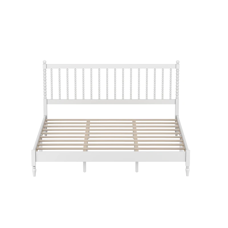 Vinsetto King Size Wood Platform Bed with Gourd Shaped Headboard, Sturdy Pinewood Support, No Box Spring Needed, 83.9" x 78.7" x 44.9", Antique White